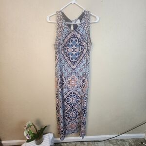 Chico's Elegant Blue and Orange Print Sleeveless Maxi Dress 3P (5672)